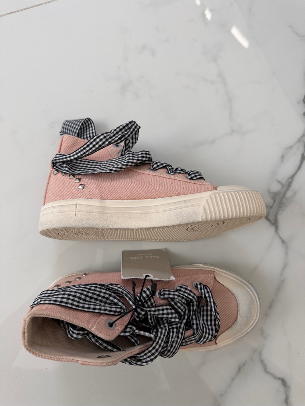 Zara Pink High-Top Kids Sneakers with Gingham Ribbon Laces